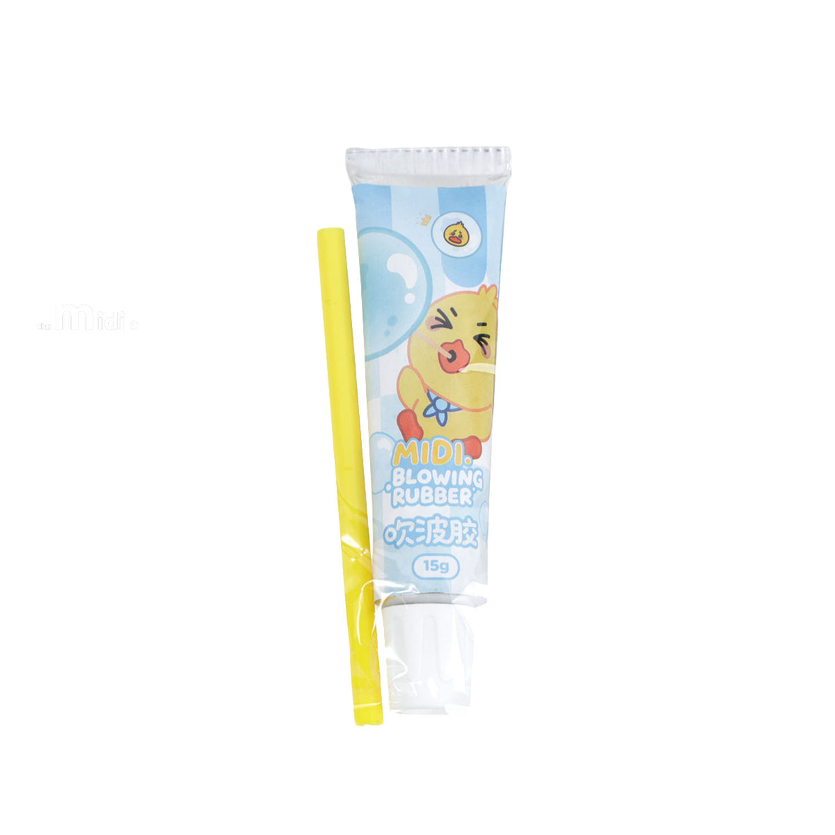 Blue bubble rubber toy in clear tube with yellow bubble wand, 15 g