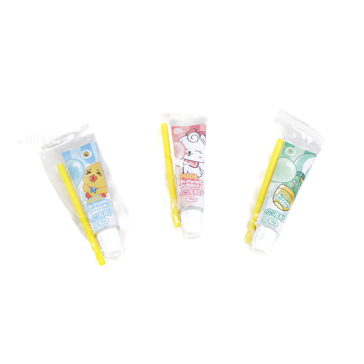 Assorted mix of bubble rubber toys in clear tubes with yellow bubble wands, 15 g