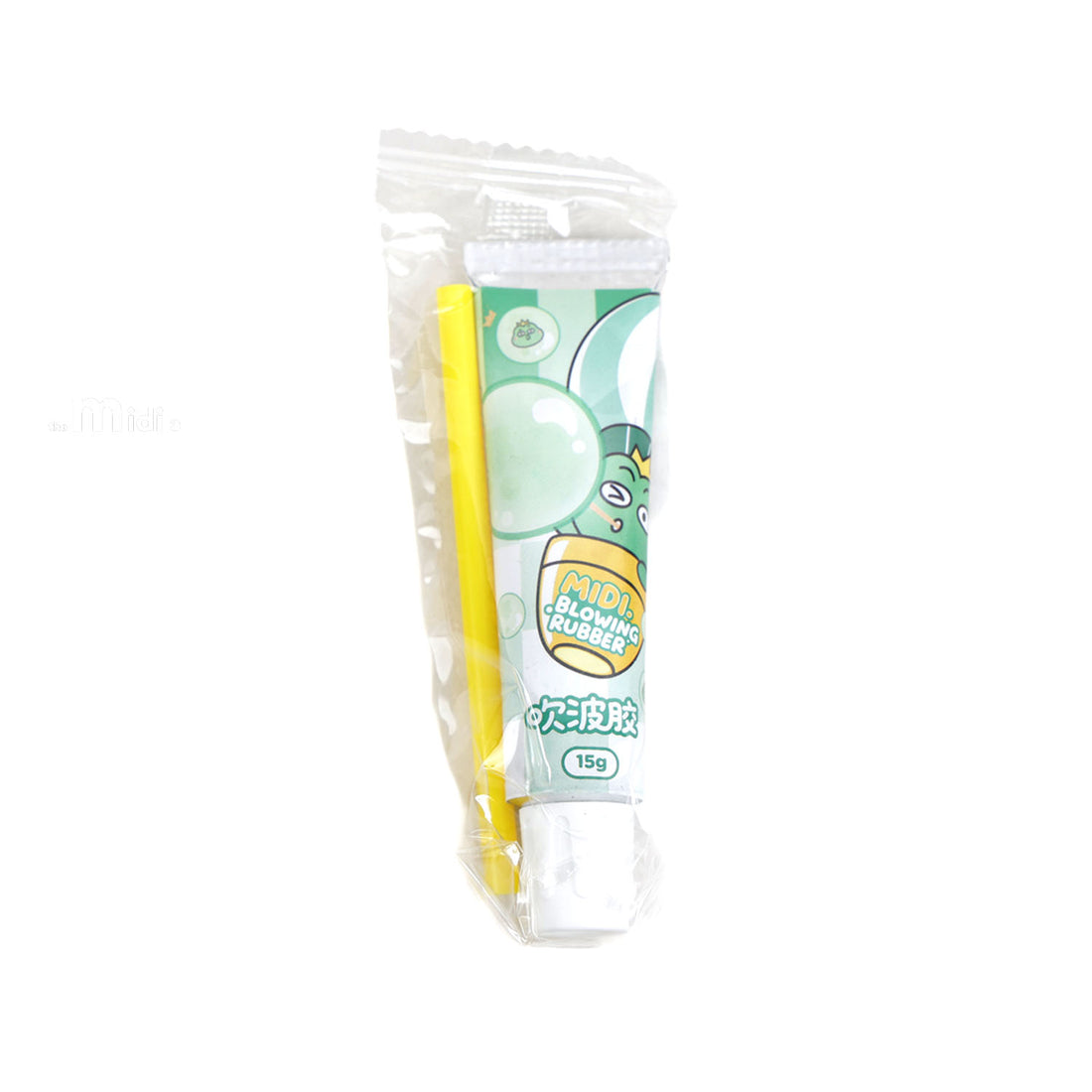 Green bubble rubber toy in clear tube with yellow bubble wand, 15 g