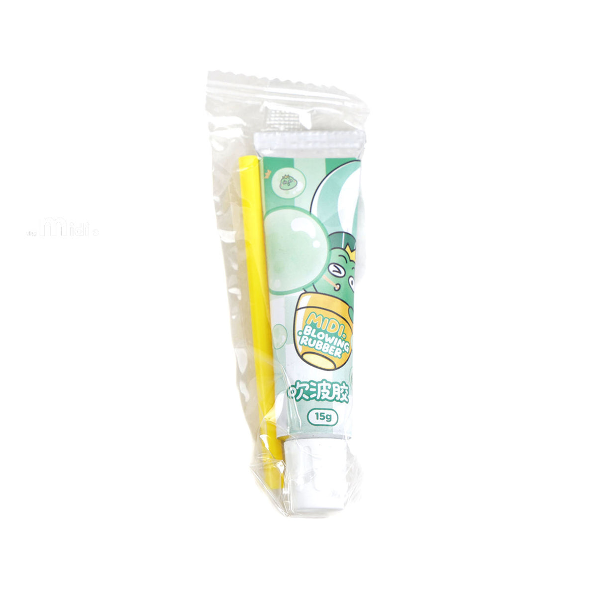 Green bubble rubber toy in clear tube with yellow bubble wand, 15 g