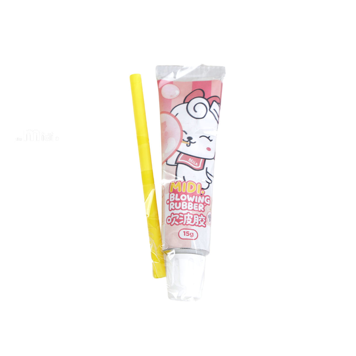 Pink bubble rubber toy in clear tube with yellow bubble wand, 15 g