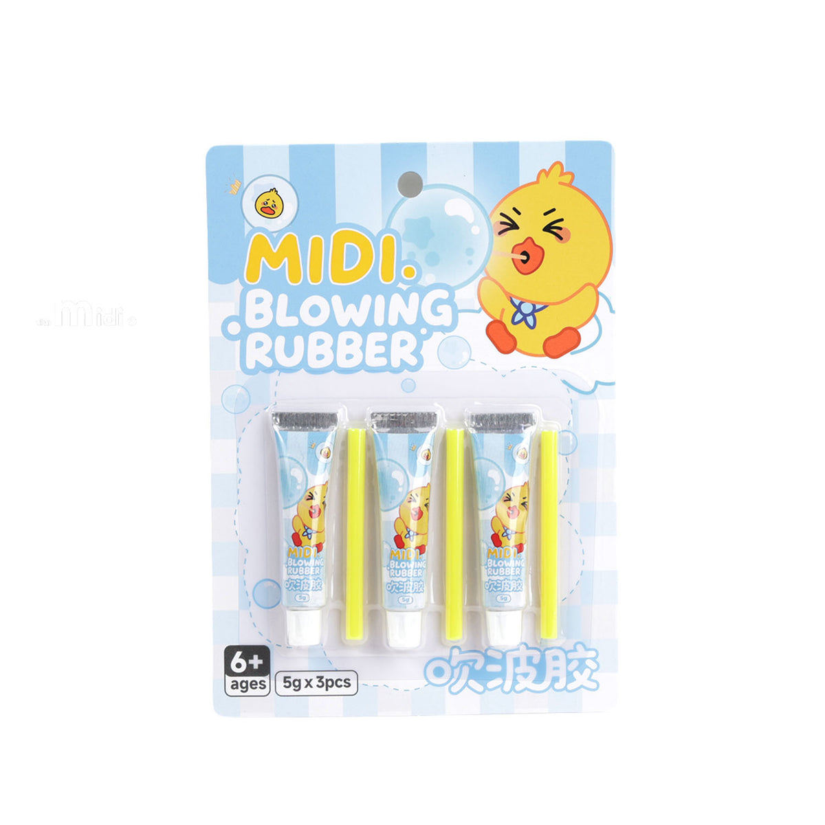 Dog-themed blowing rubber toy, MIDI 3-pack in blue blister with three tubes.