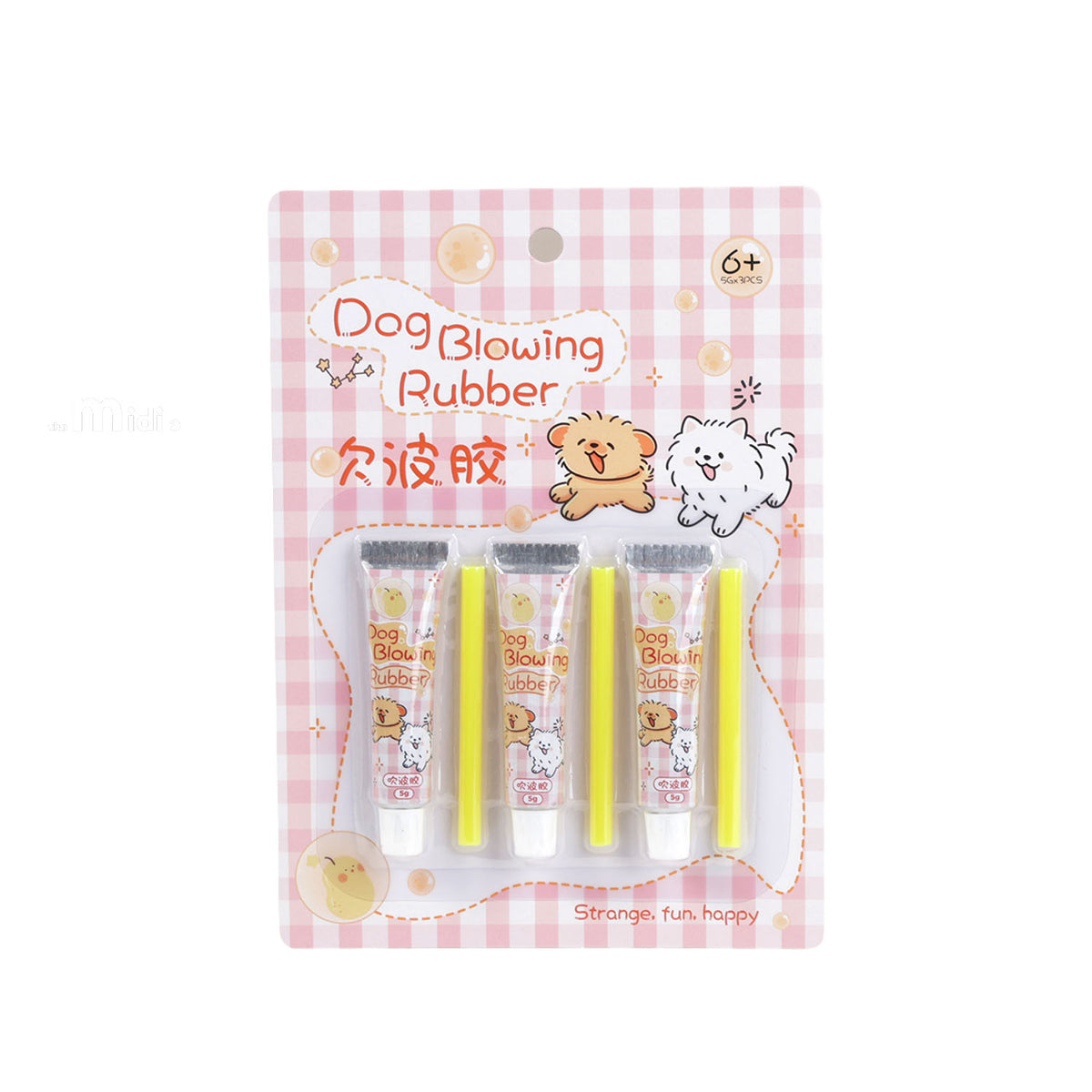 Dog-themed blowing rubber toy, MIDI 3-pack in pink check blister with three tubes.