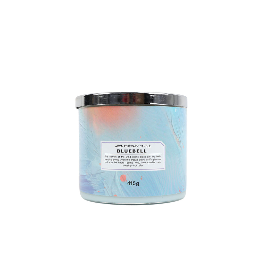 Aromatherapy candle in light blue glass jar with silver lid and label