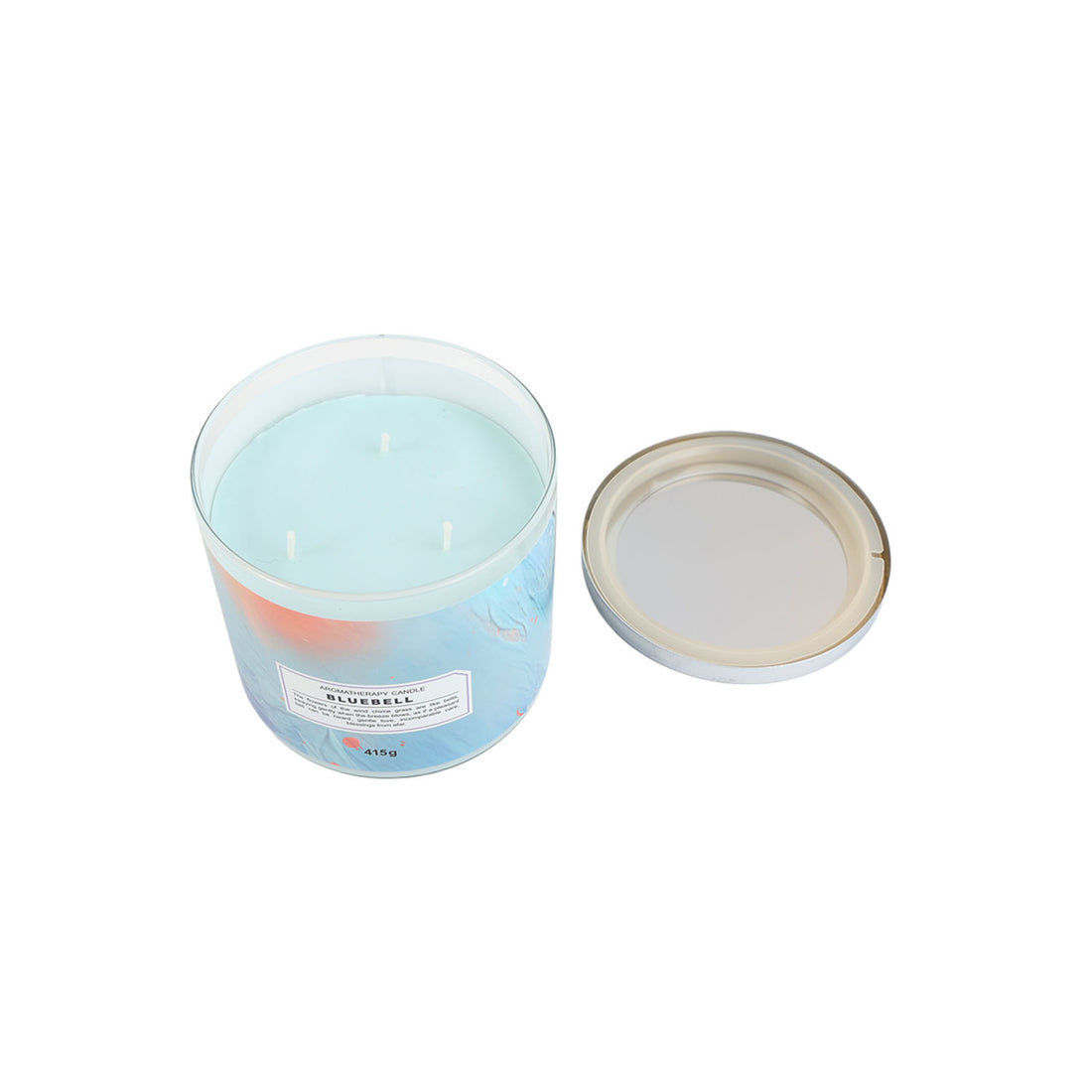 Aromatherapy candle in light blue glass jar with wicks, glass lid beside