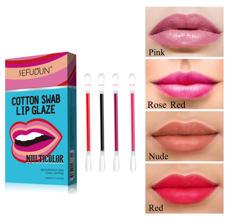 Cotton swab lip glaze set with lip color swatches: Pink, Rose Red, Nude, Red