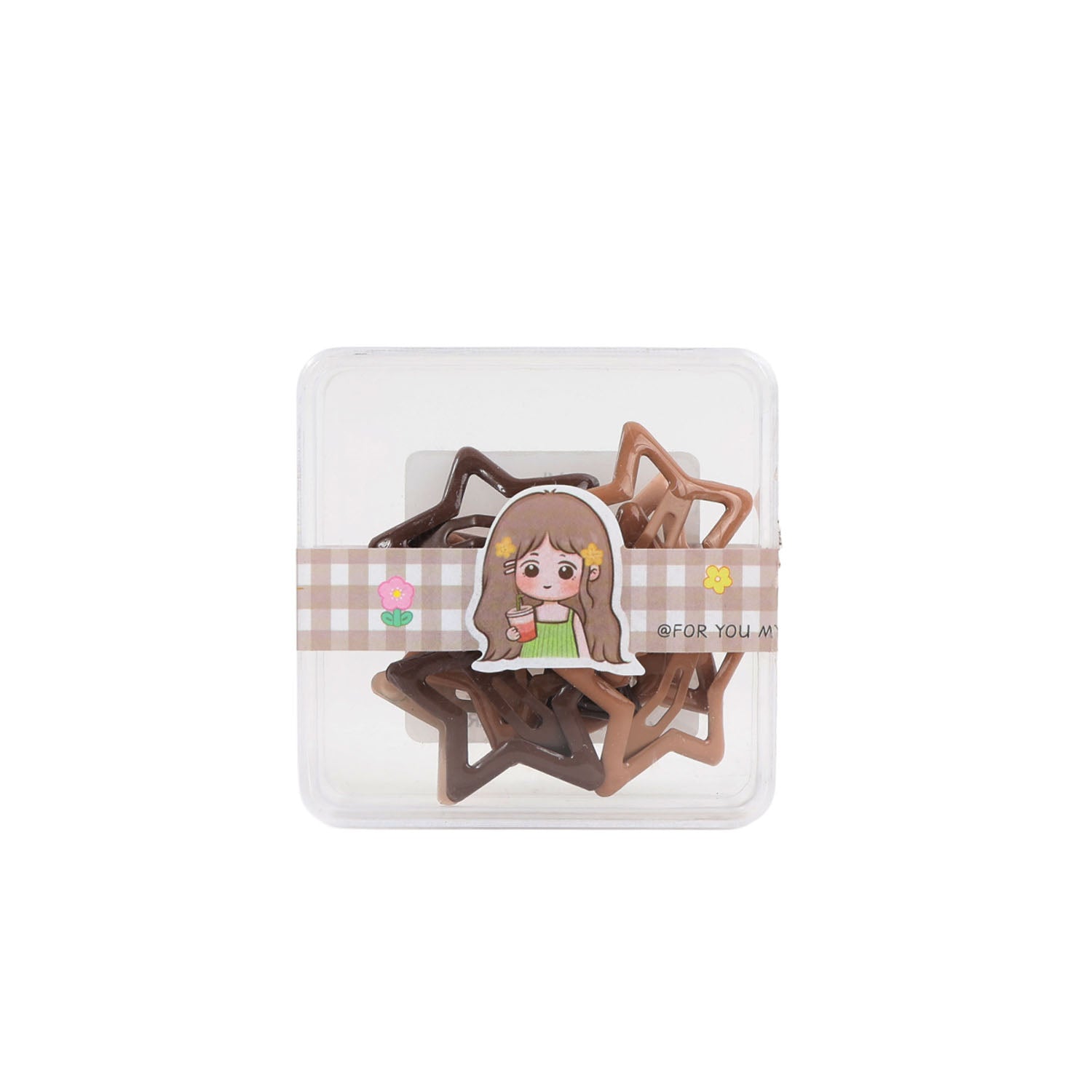 Star-shaped hair clips set in clear plastic box, brown and pink