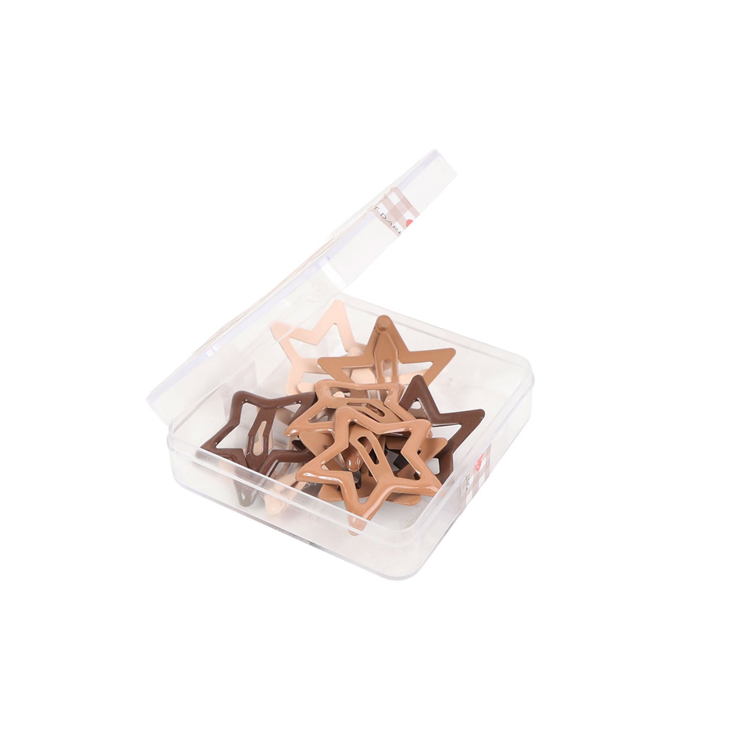 Star hair clips in clear compartment case, brown and pale pink