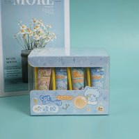 Boxed cat bubble blower set with blue tubes and yellow wands