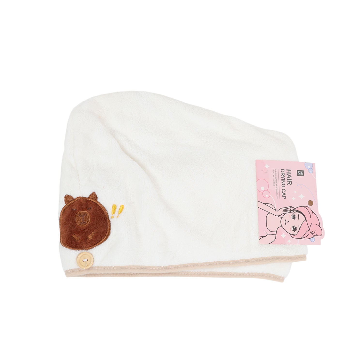 White hair drying cap towel with capybara face patch and front label
