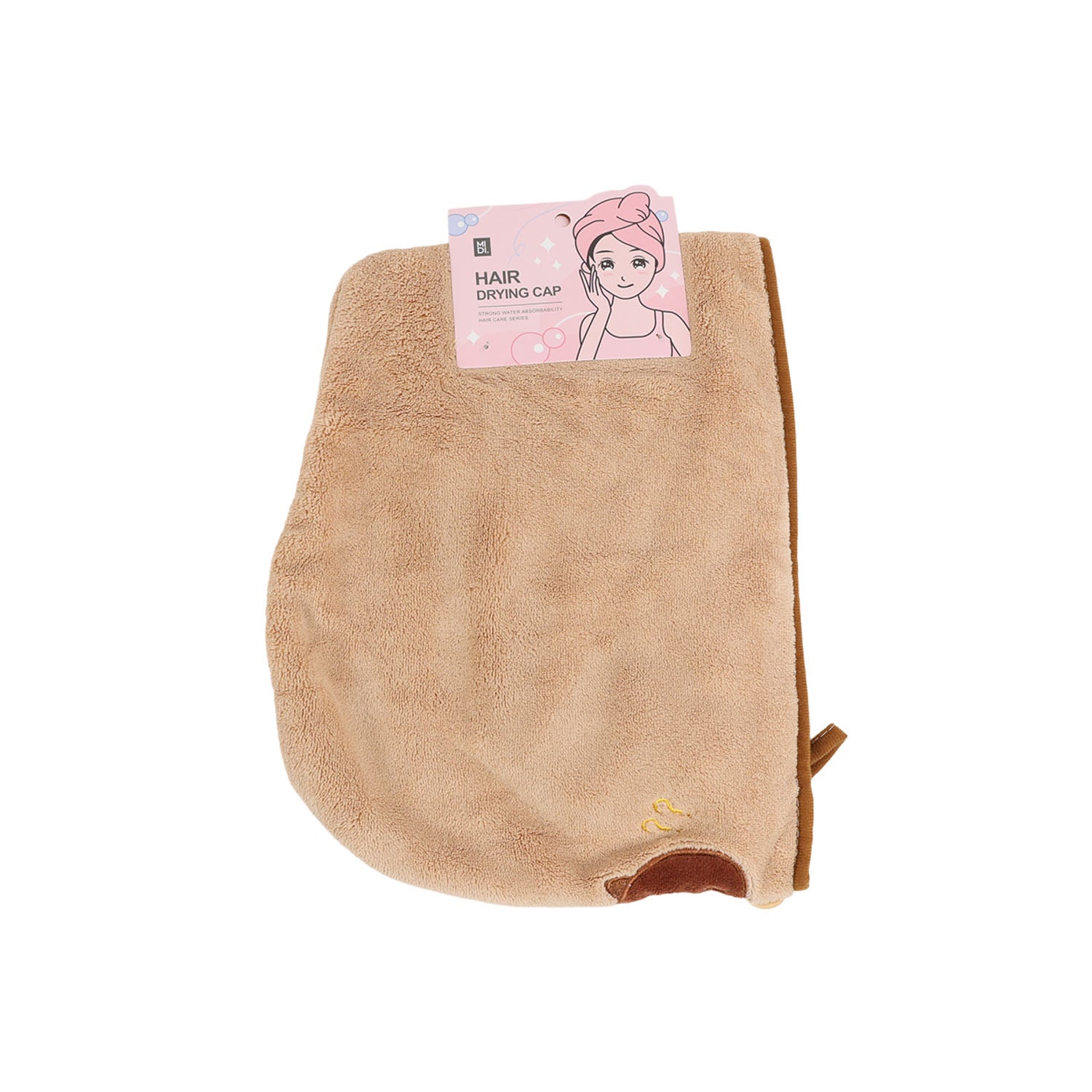 Tan hair drying cap towel with capybara face embroidery and front label