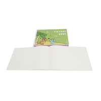 Dinosaur picture painting book open, showing blank white pages and a green cover
