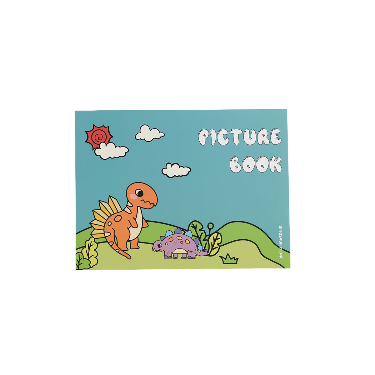 Dinosaur picture painting book cover in teal blue with cartoon dinosaurs and “PICTURE BOOK”