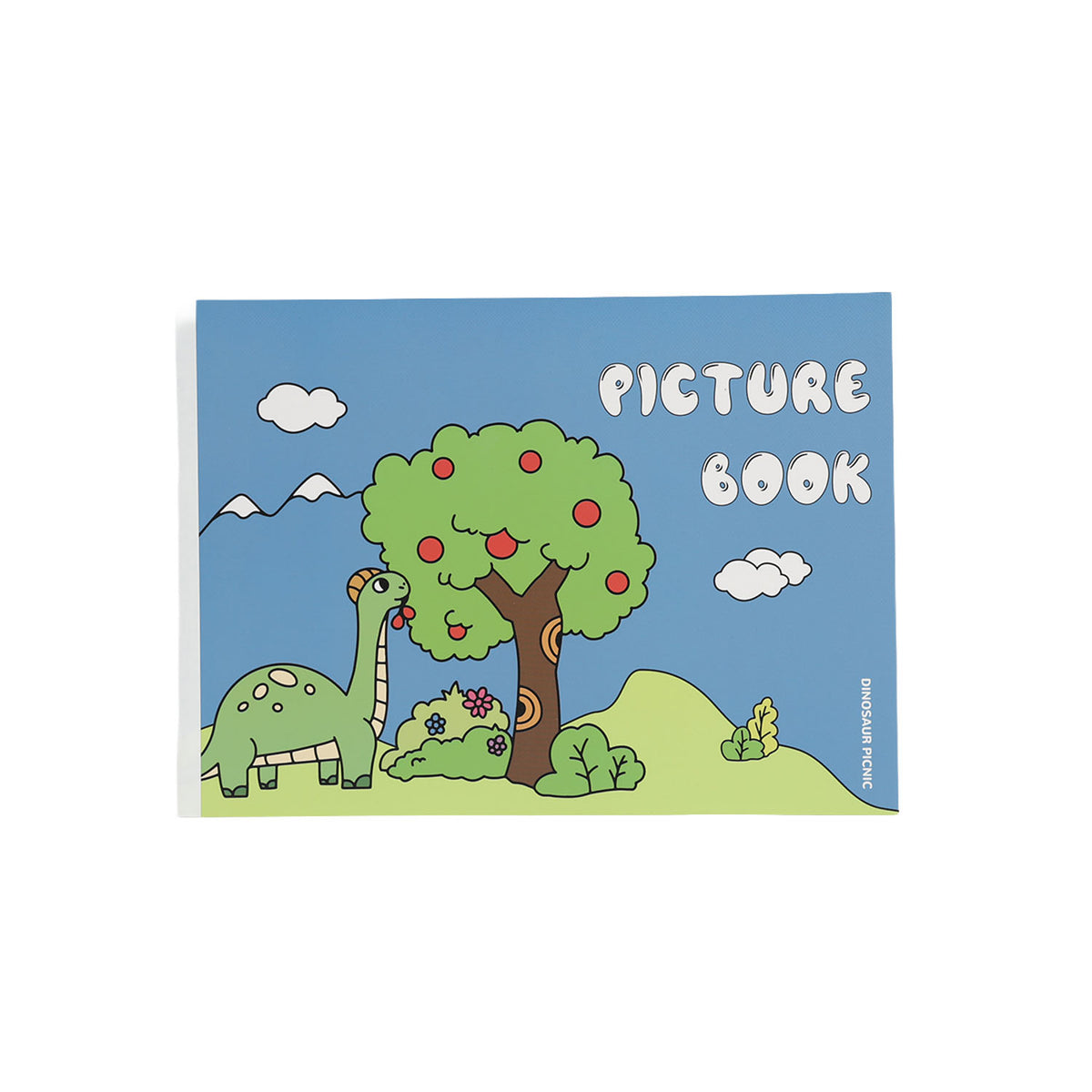 Dinosaur picture painting book cover in light blue with dinosaur and tree scene, “PICTURE BOOK”