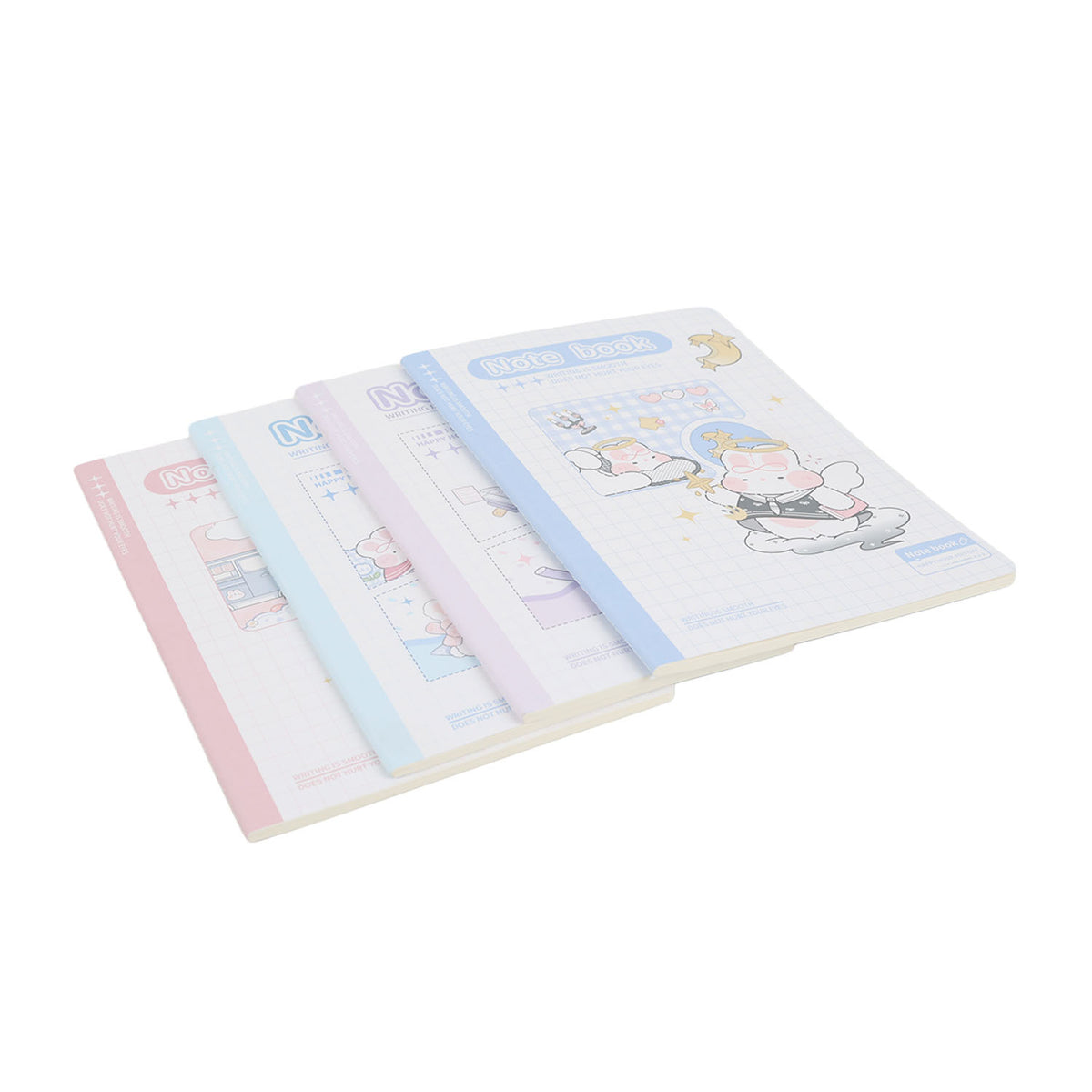 B5 line notebook set with pastel pink, blue, and violet covers and cartoon designs