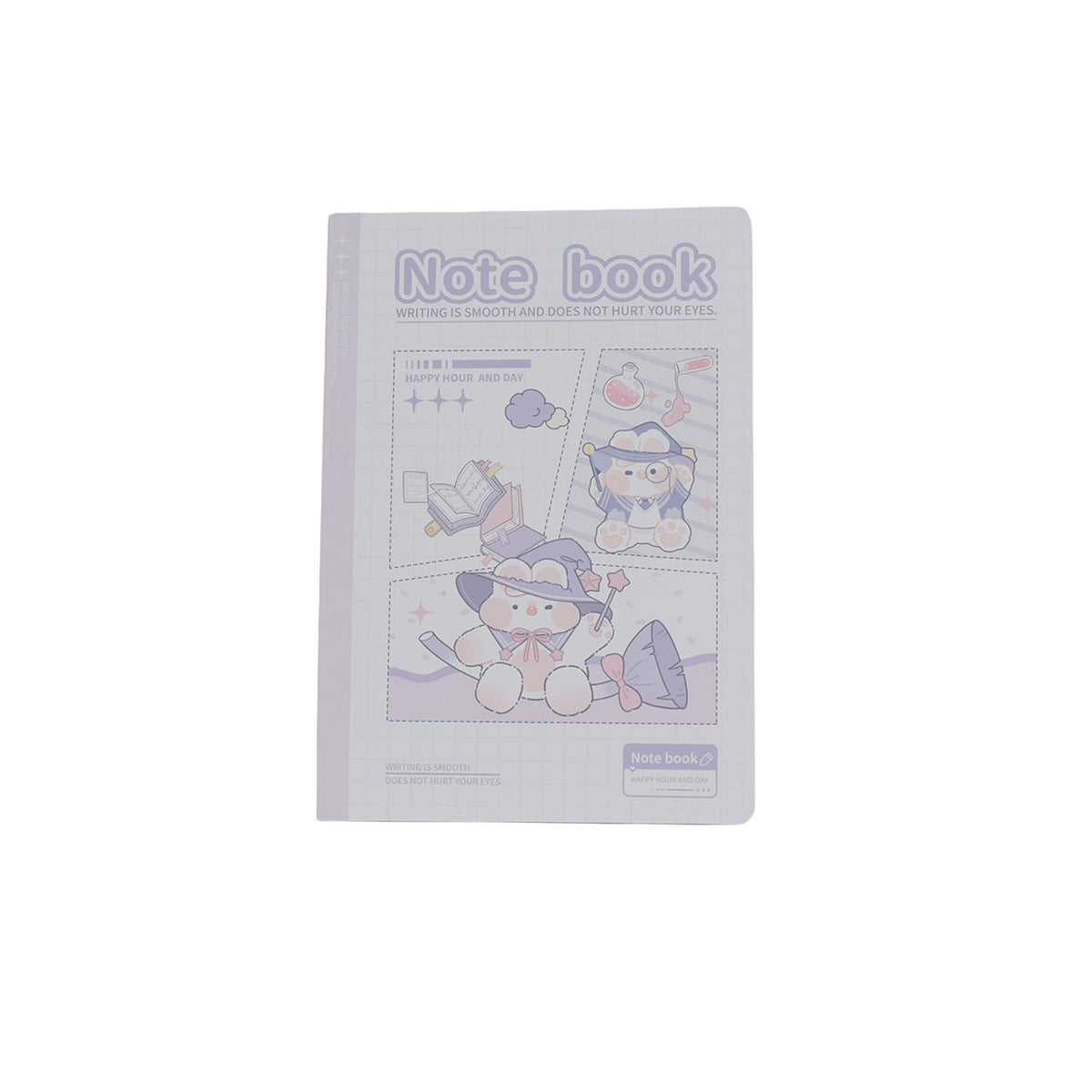 B5 line notebook with pale blue-gray cover, “Note book” title, and story panels