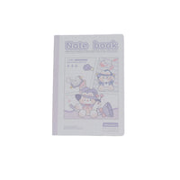 B5 line notebook with pale blue-gray cover, “Note book” title, and story panels