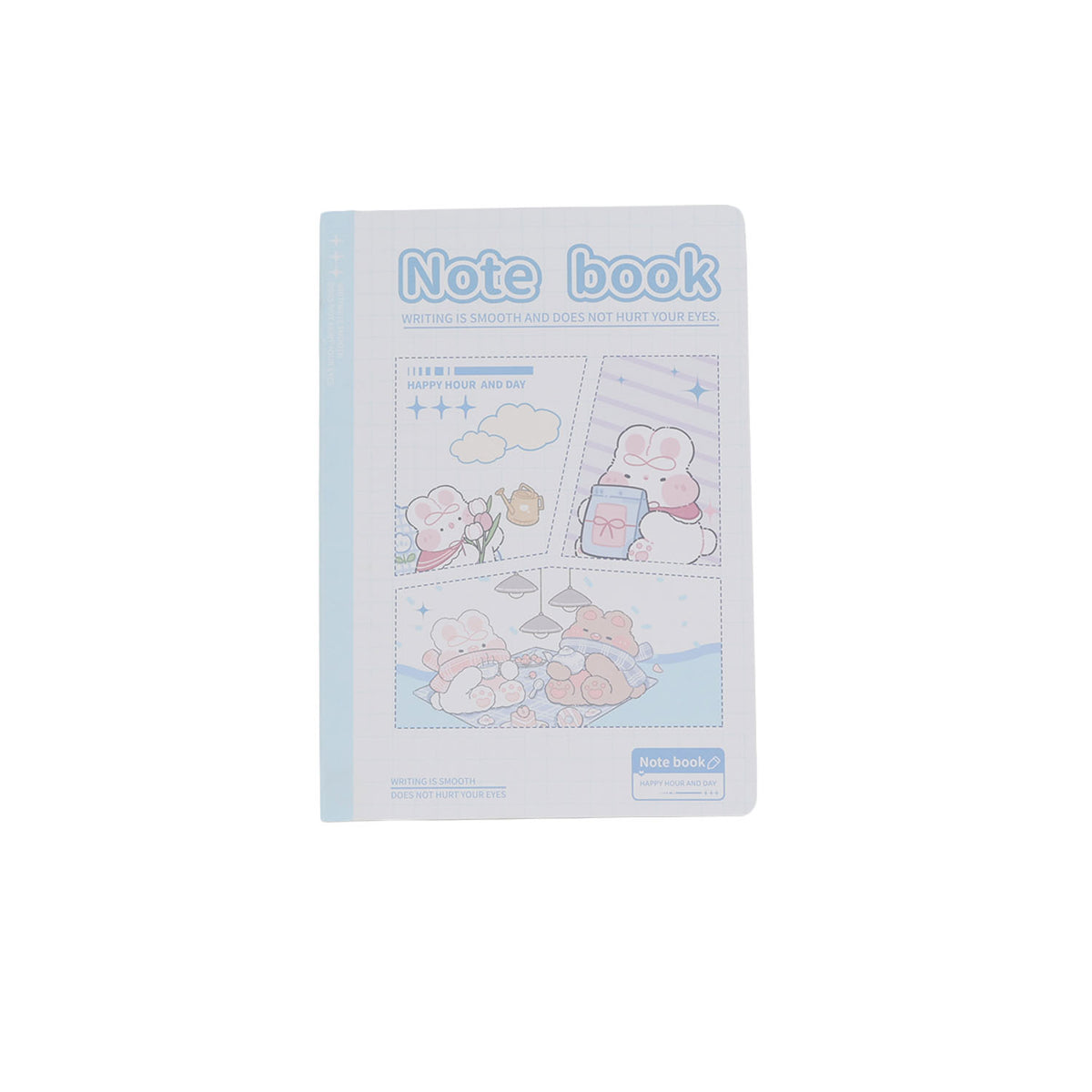 B5 line notebook with white and light blue cover, “Note book” title, and cute drawings