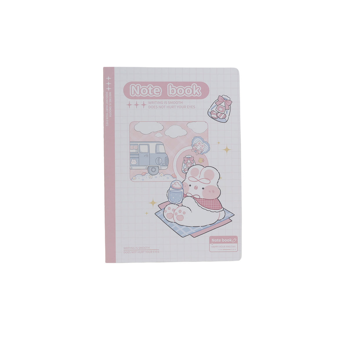 B5 line notebook with pale pink cover, “Note book” title, and cartoon animals