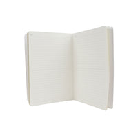 B5 line notebook opened to lined pages with stitched spine and blank writing area