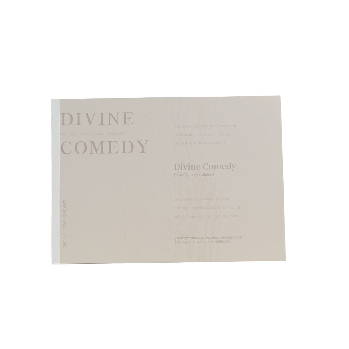 Painting notes book, beige/cream cover with “DIVINE COMEDY” title and faint text
