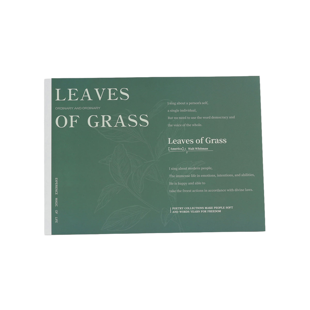 Painting notes book, green cover with “LEAVES OF GRASS” title and leaf line art