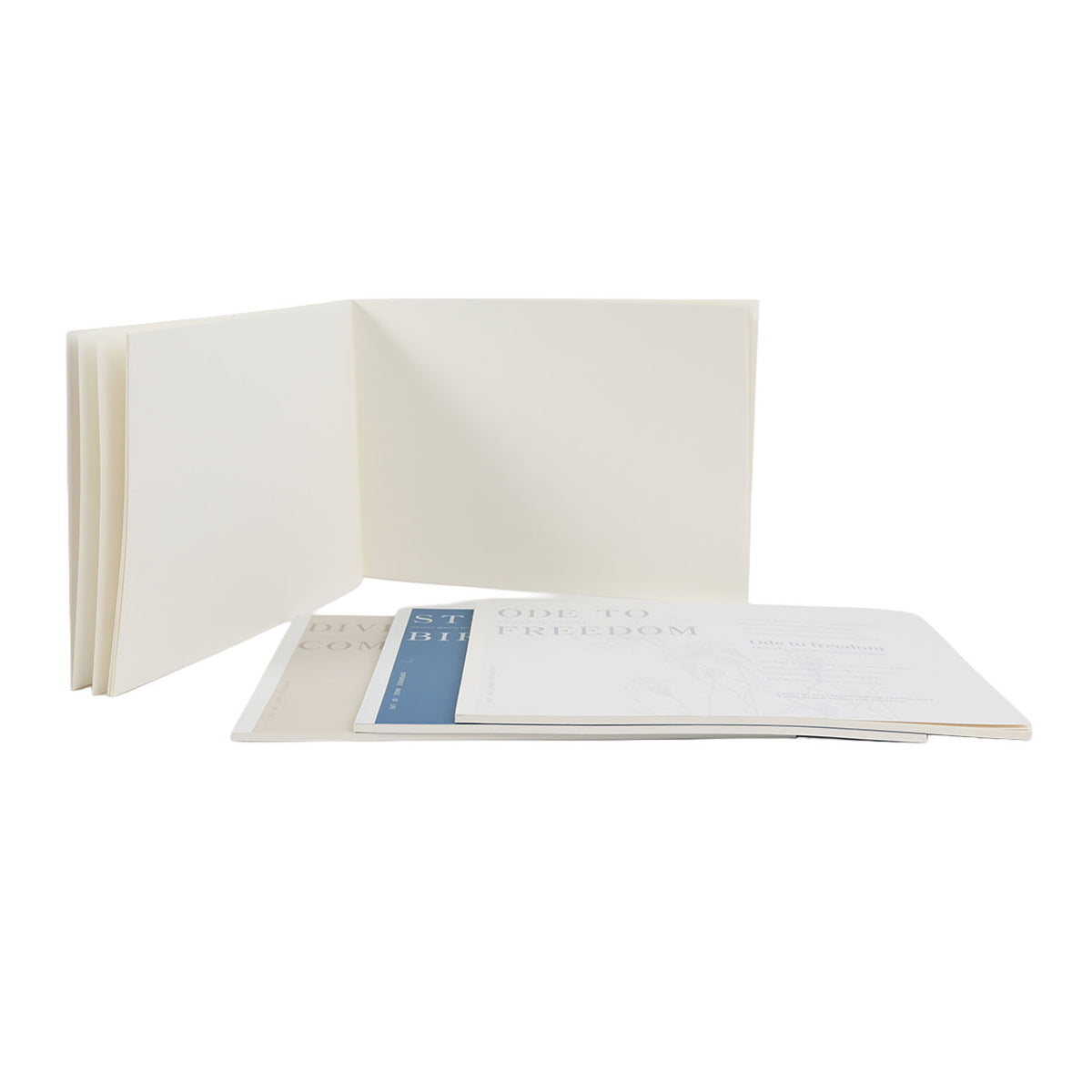 Painting notes book opened, stacked pages with blue divider and writing space