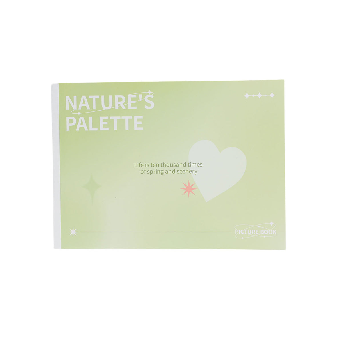 Green pastel picture book cover with Nature's Palette text and heart cloud graphic