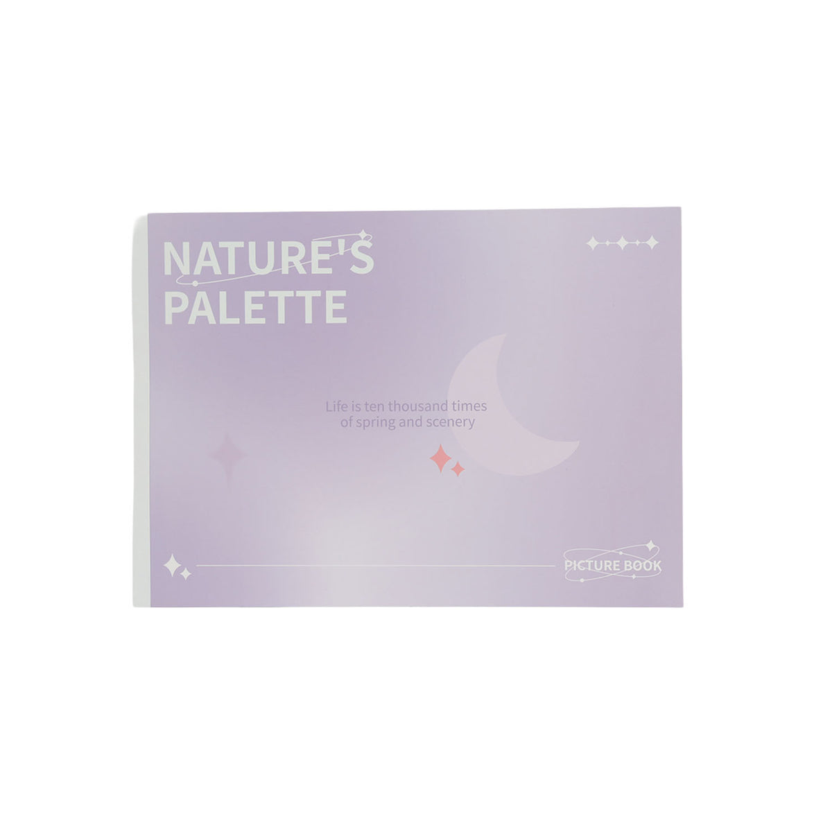 Violet pastel picture book cover with Nature's Palette text and bird-like cloud motif