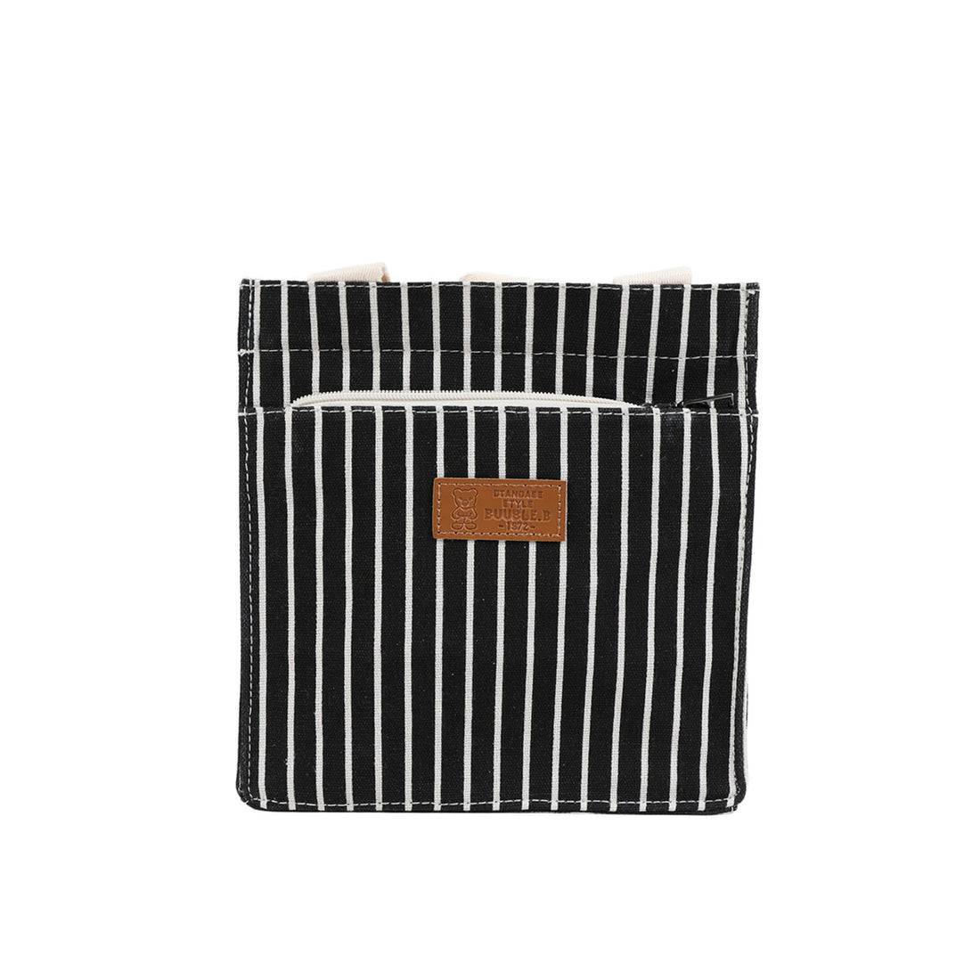 Black vertical striped bento lunch bag with tan leather brand patch