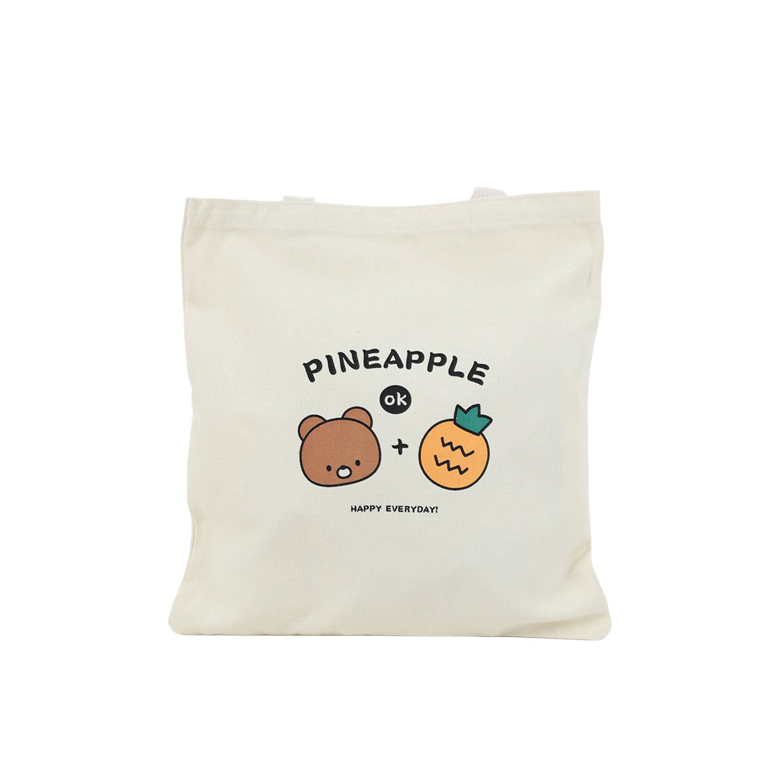 Off-white canvas shoulder bag with pineapple-bear graphic, open-top tote