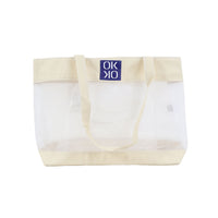 Large capacity shoulder tote with transparent body, beige handles and trim