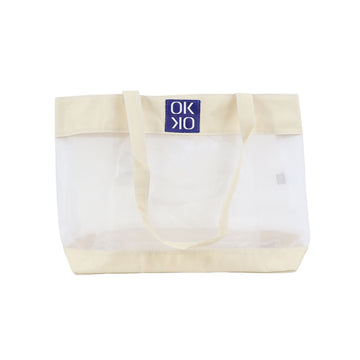 Large capacity shoulder tote with transparent body, beige handles and trim