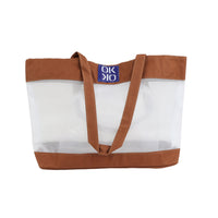 Large capacity shoulder tote with transparent panel and brown fabric trim, wide handles