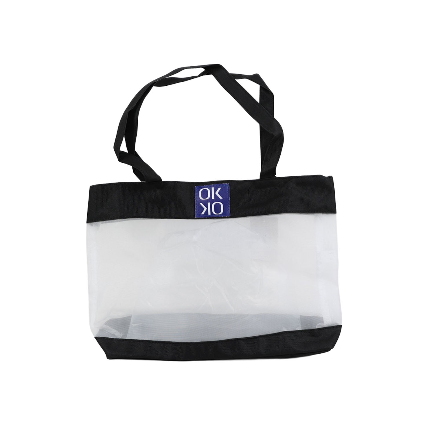 Large capacity shoulder tote with transparent panel and black handles, top carry strap