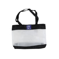 Large capacity shoulder tote with transparent panel and black handles, top carry strap