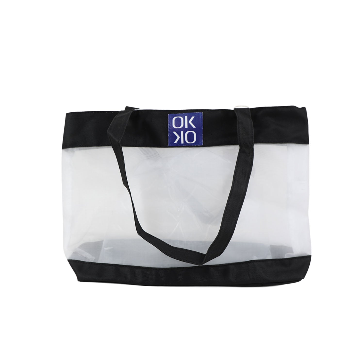 Large capacity shoulder tote with transparent panel and black fabric trim, wide handles