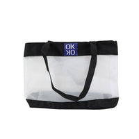 Large capacity shoulder tote with transparent panel and black fabric trim, wide handles