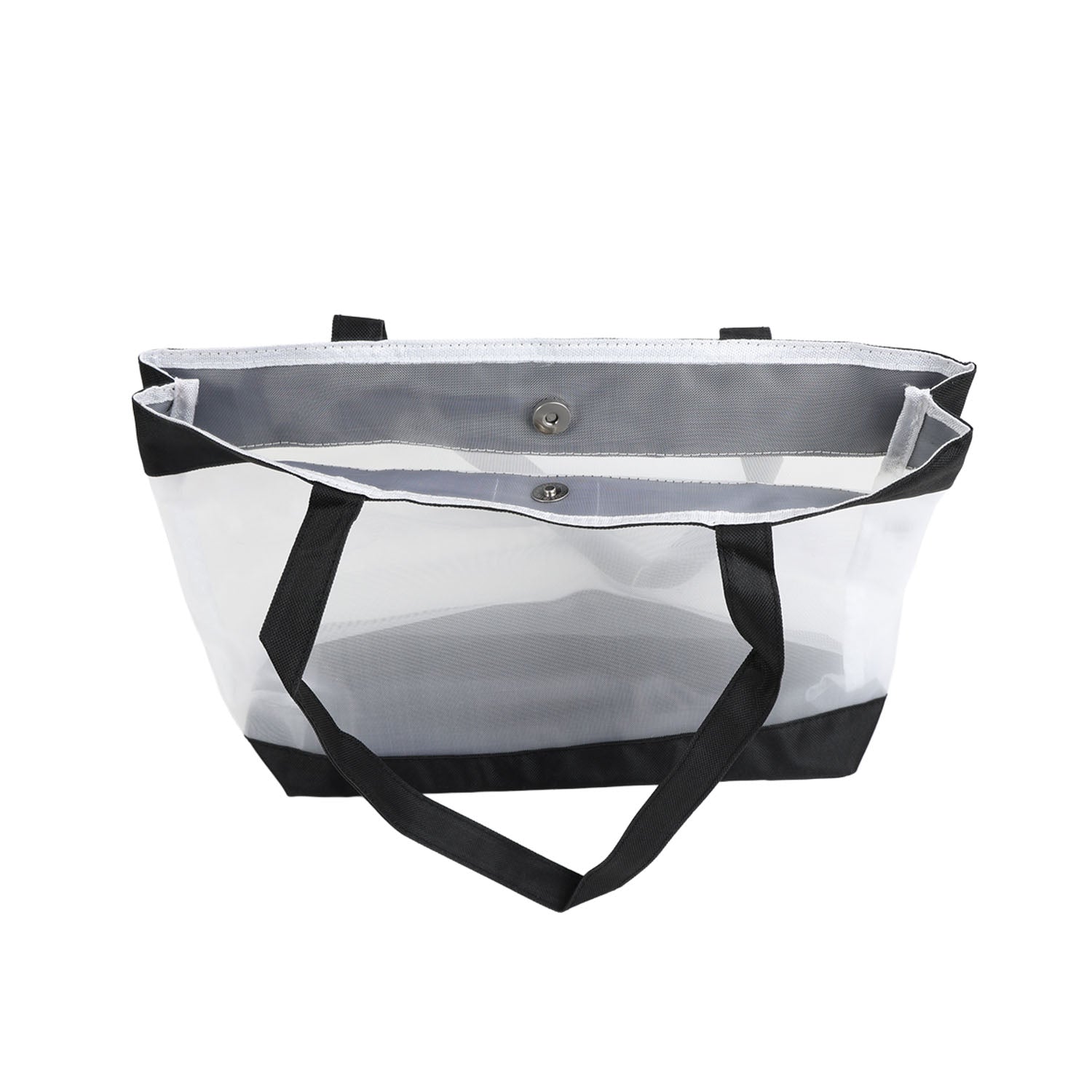 Large capacity shoulder tote with transparent panel, black handles, gray top lining