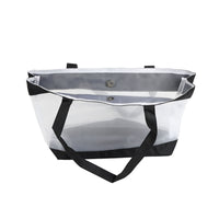 Large capacity shoulder tote with transparent panel, black handles, gray top lining