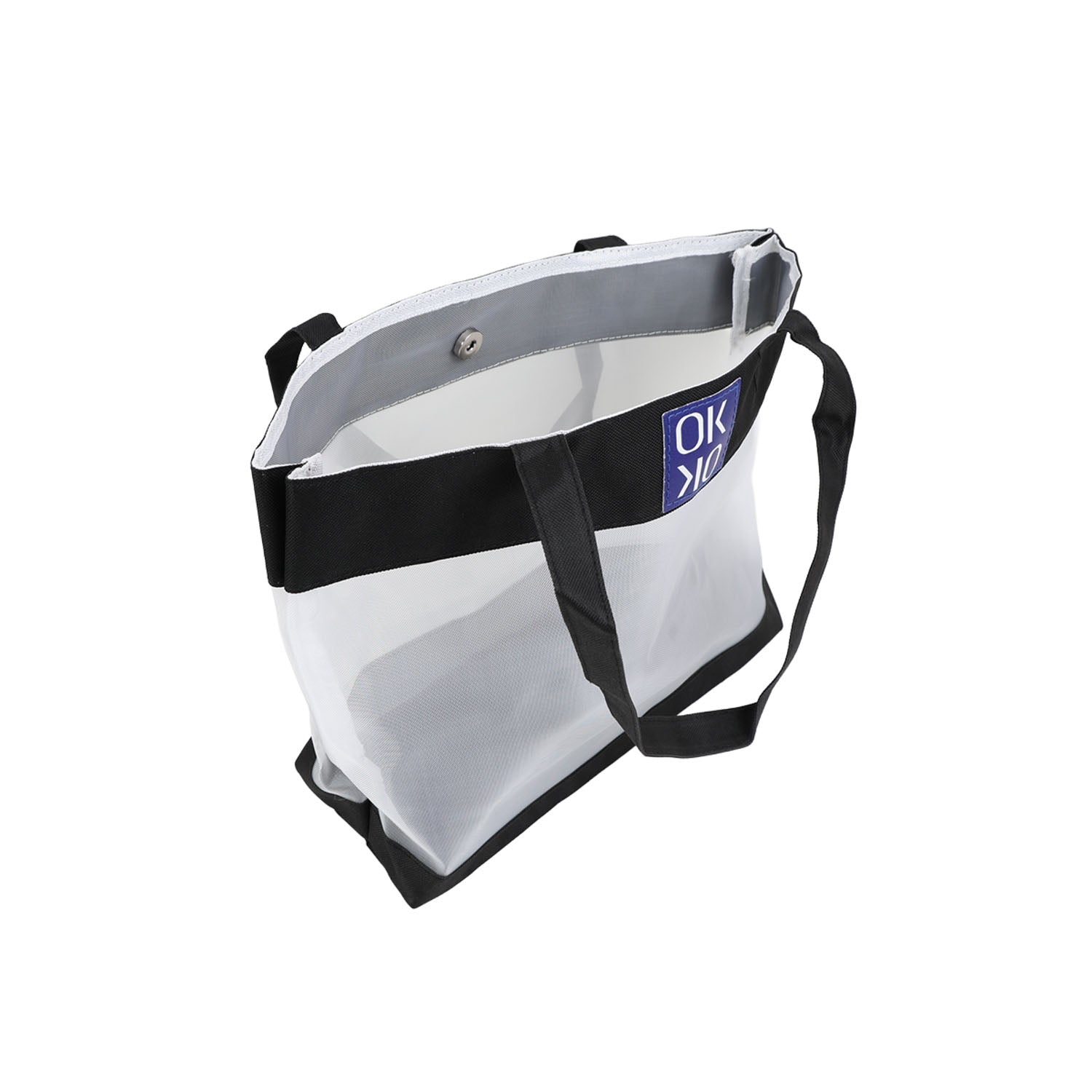 Large capacity shoulder tote with transparent panel, black trim, gray interior and straps
