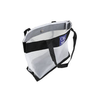 Large capacity shoulder tote with transparent panel, black trim, gray interior and straps