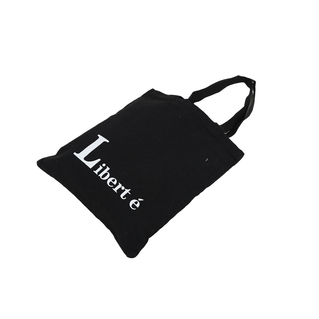 Black canvas shoulder bag with Liberté lettering and short handles