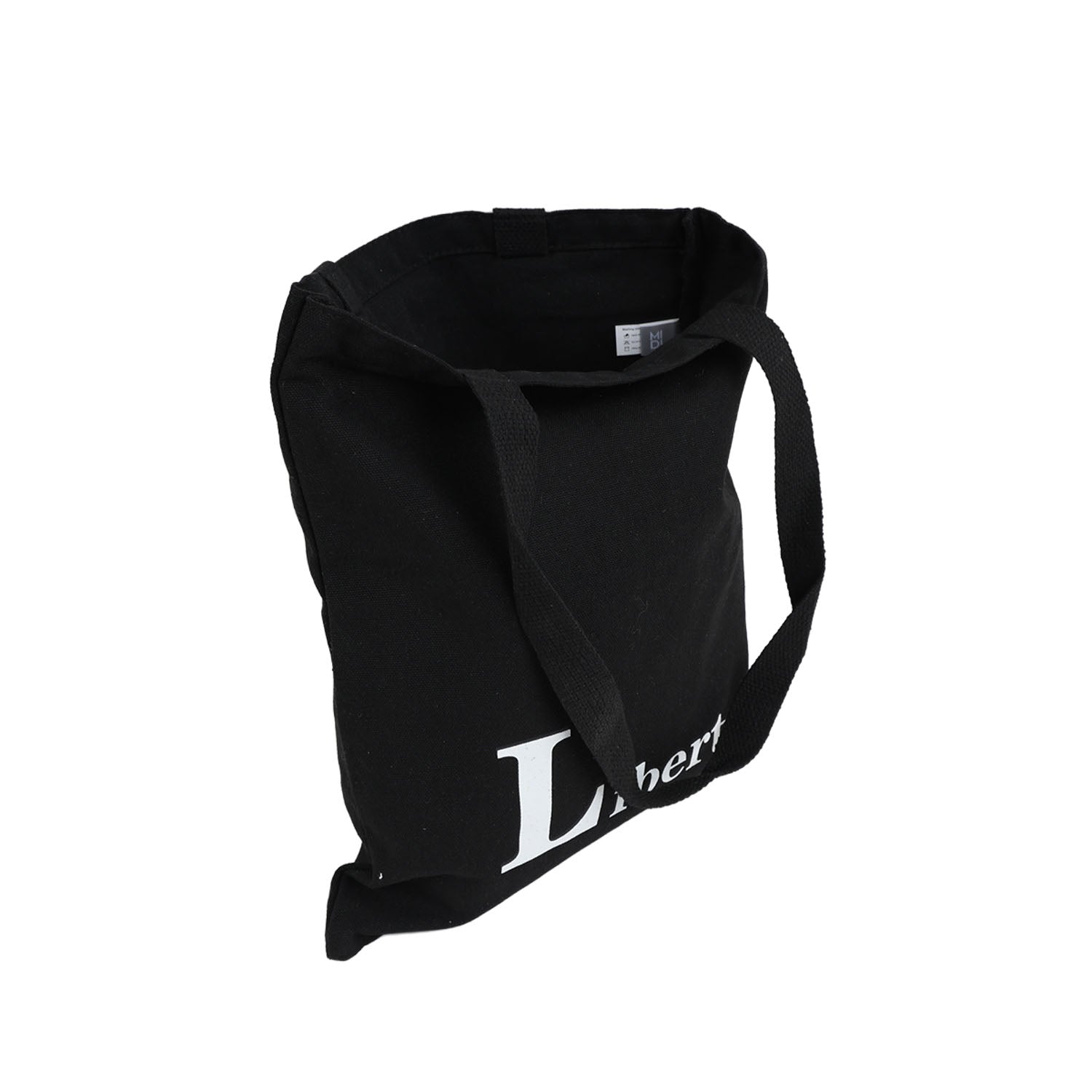 Black canvas shoulder bag with handle and 'Liberté' text