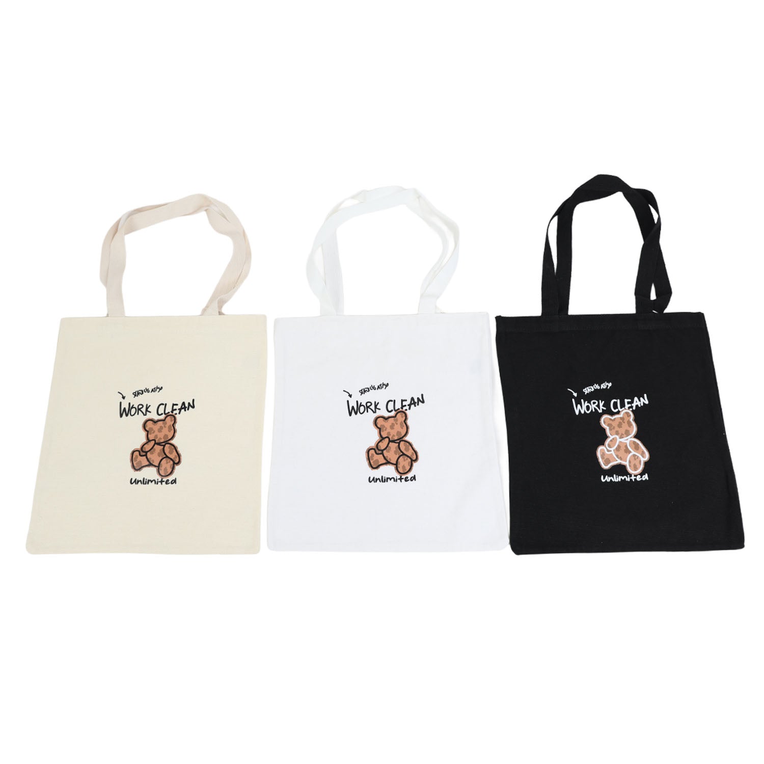 Set of canvas shoulder bags: beige, white, and black with bear logo prints