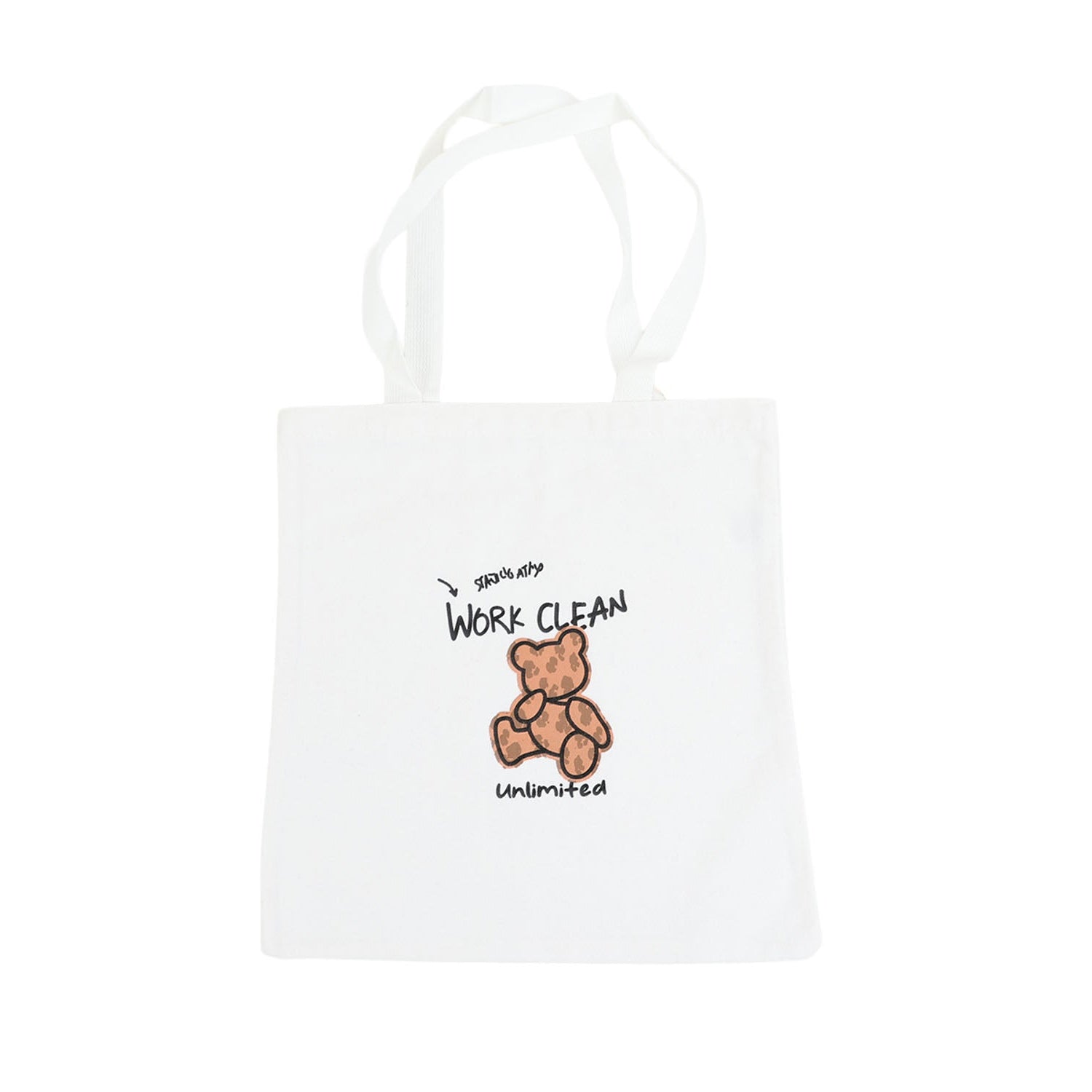 White canvas shoulder bag with bear logo and Work Clean Unlimited text