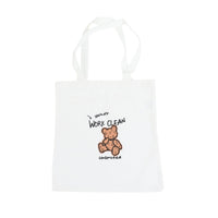 White canvas shoulder bag with bear logo and Work Clean Unlimited text