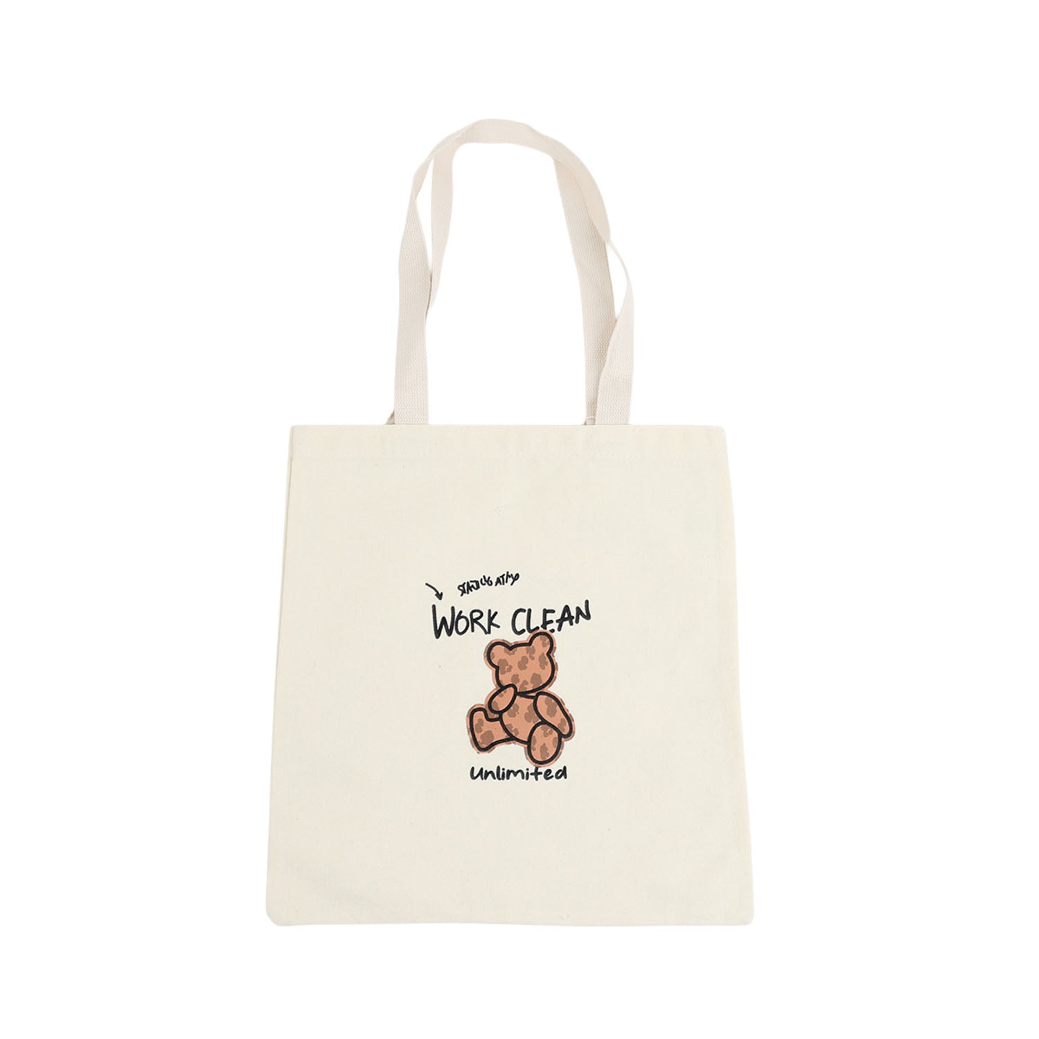Beige canvas shoulder bag with bear logo and Work Clean Unlimited text