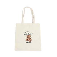 Beige canvas shoulder bag with bear logo and Work Clean Unlimited text
