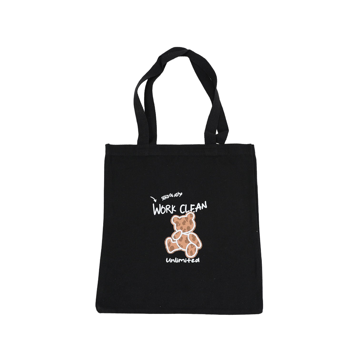Black canvas tote shoulder bag with bear logo and Work Clean Unlimited text